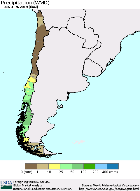 Chile Precipitation (WMO) Thematic Map For 6/3/2019 - 6/9/2019