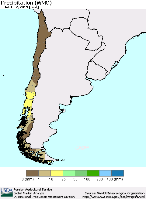 Chile Precipitation (WMO) Thematic Map For 7/1/2019 - 7/7/2019