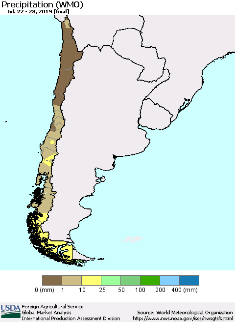 Chile Precipitation (WMO) Thematic Map For 7/22/2019 - 7/28/2019