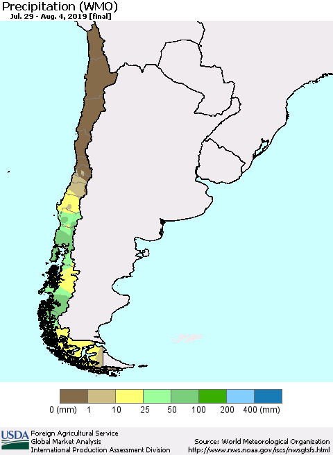Chile Precipitation (WMO) Thematic Map For 7/29/2019 - 8/4/2019