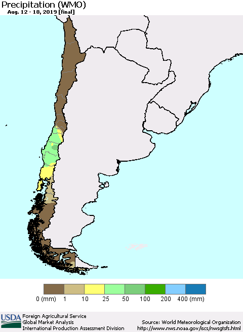 Chile Precipitation (WMO) Thematic Map For 8/12/2019 - 8/18/2019