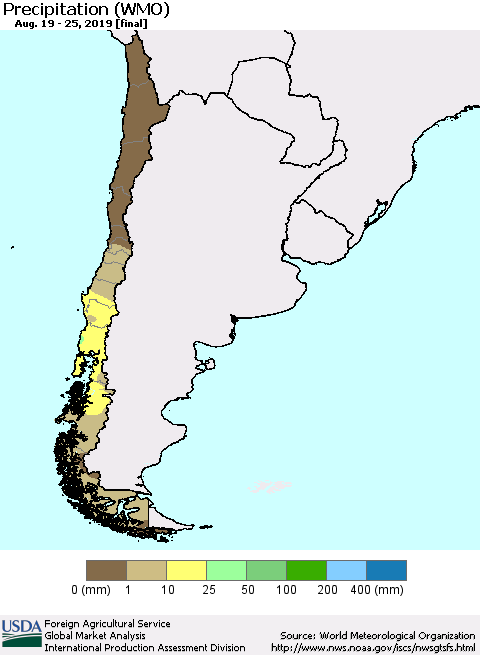 Chile Precipitation (WMO) Thematic Map For 8/19/2019 - 8/25/2019