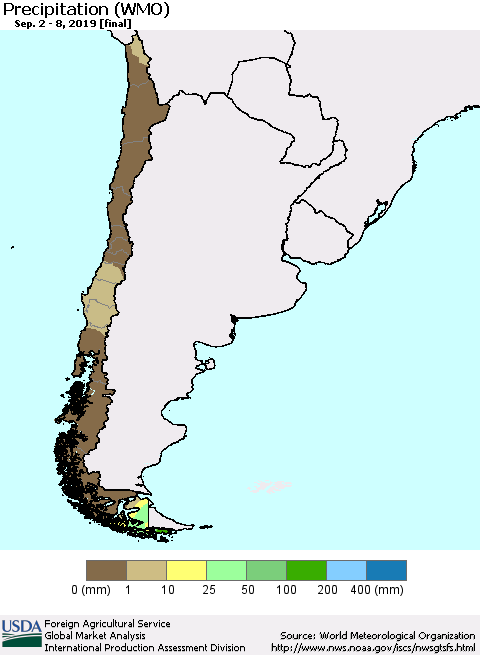 Chile Precipitation (WMO) Thematic Map For 9/2/2019 - 9/8/2019