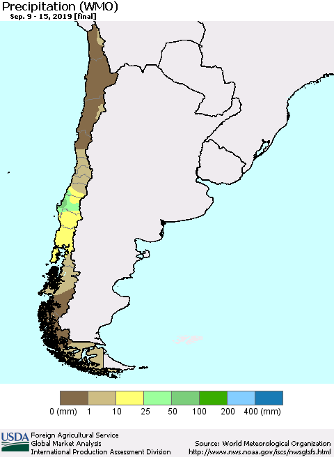 Chile Precipitation (WMO) Thematic Map For 9/9/2019 - 9/15/2019