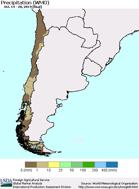 Chile Precipitation (WMO) Thematic Map For 10/14/2019 - 10/20/2019