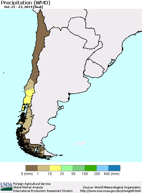 Chile Precipitation (WMO) Thematic Map For 10/21/2019 - 10/27/2019