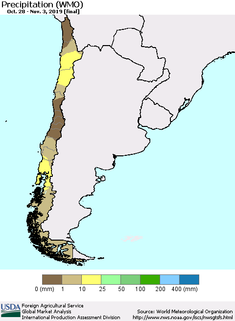 Chile Precipitation (WMO) Thematic Map For 10/28/2019 - 11/3/2019