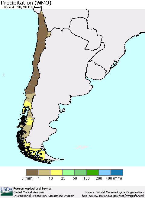 Chile Precipitation (WMO) Thematic Map For 11/4/2019 - 11/10/2019