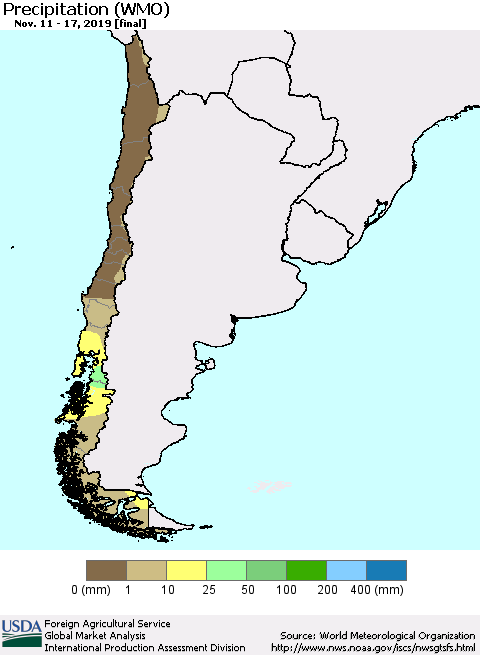 Chile Precipitation (WMO) Thematic Map For 11/11/2019 - 11/17/2019