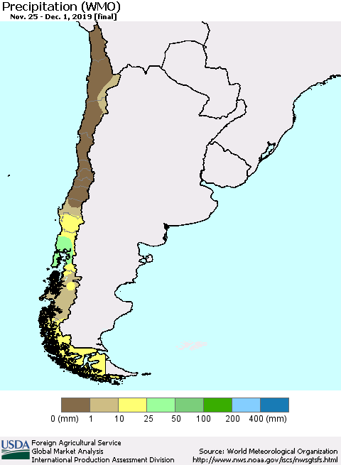 Chile Precipitation (WMO) Thematic Map For 11/25/2019 - 12/1/2019