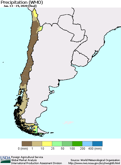 Chile Precipitation (WMO) Thematic Map For 1/13/2020 - 1/19/2020