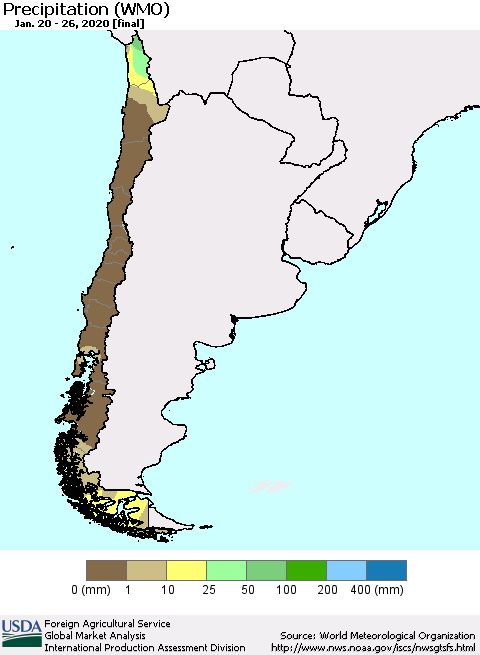 Chile Precipitation (WMO) Thematic Map For 1/20/2020 - 1/26/2020