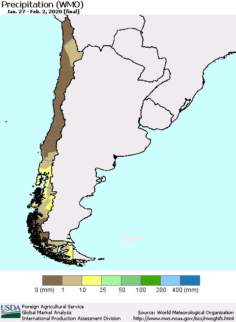 Chile Precipitation (WMO) Thematic Map For 1/27/2020 - 2/2/2020