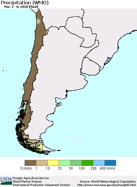 Chile Precipitation (WMO) Thematic Map For 3/2/2020 - 3/8/2020