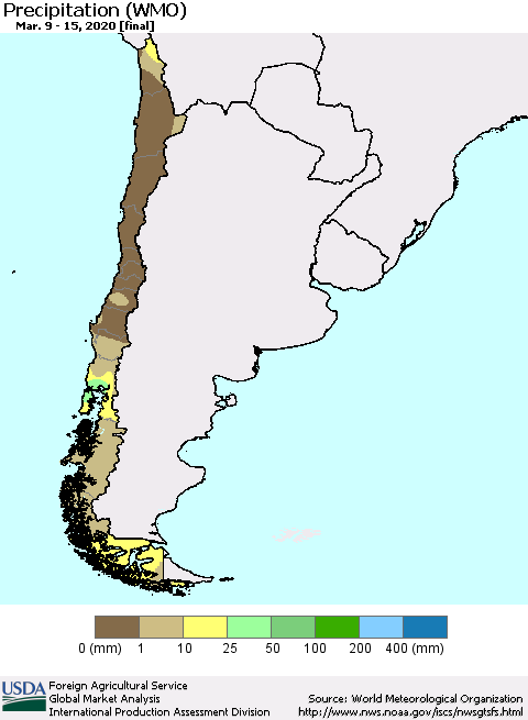 Chile Precipitation (WMO) Thematic Map For 3/9/2020 - 3/15/2020