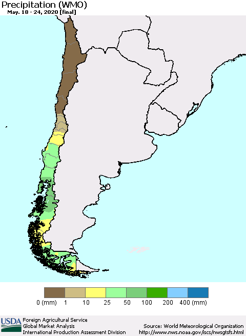 Chile Precipitation (WMO) Thematic Map For 5/18/2020 - 5/24/2020