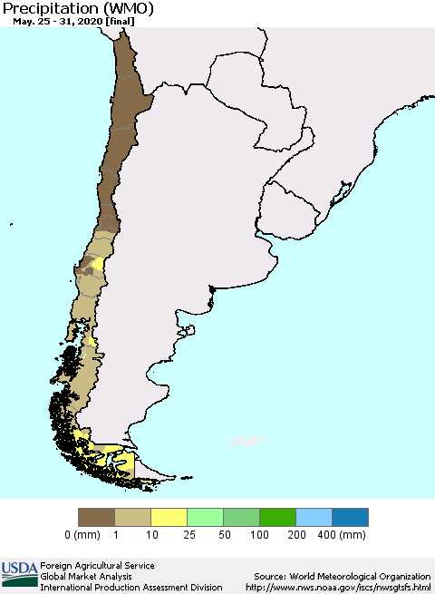Chile Precipitation (WMO) Thematic Map For 5/25/2020 - 5/31/2020