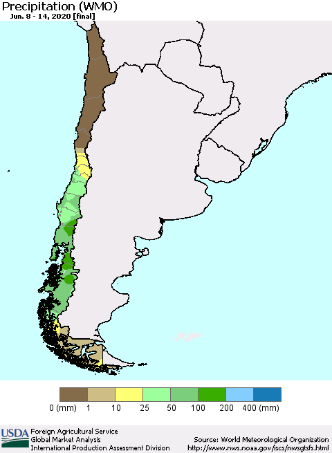 Chile Precipitation (WMO) Thematic Map For 6/8/2020 - 6/14/2020