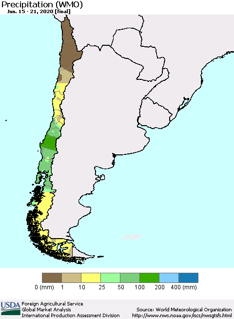 Chile Precipitation (WMO) Thematic Map For 6/15/2020 - 6/21/2020