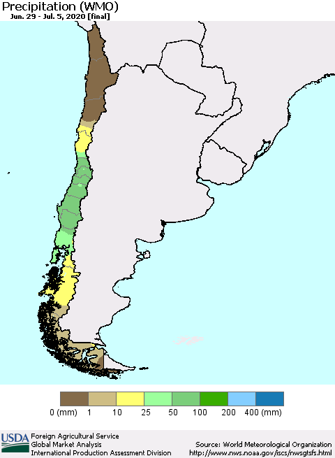 Chile Precipitation (WMO) Thematic Map For 6/29/2020 - 7/5/2020