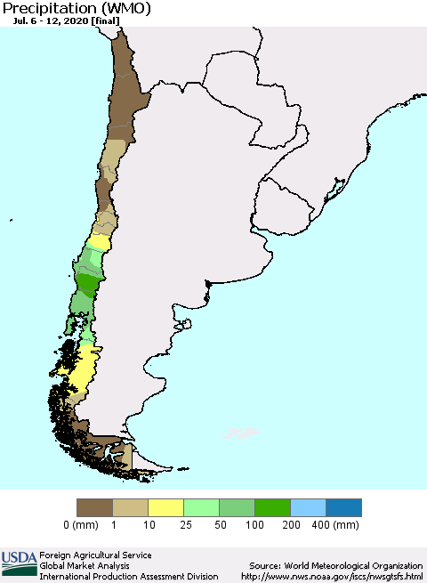 Chile Precipitation (WMO) Thematic Map For 7/6/2020 - 7/12/2020