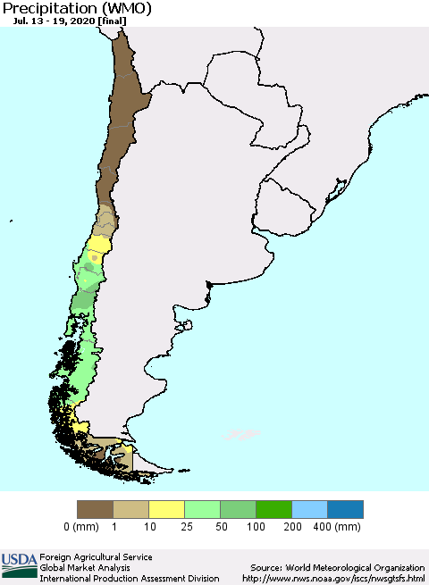 Chile Precipitation (WMO) Thematic Map For 7/13/2020 - 7/19/2020