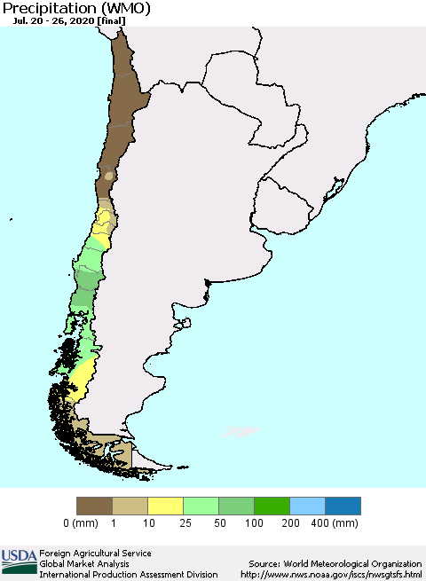 Chile Precipitation (WMO) Thematic Map For 7/20/2020 - 7/26/2020