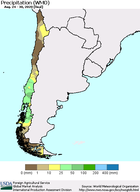 Chile Precipitation (WMO) Thematic Map For 8/24/2020 - 8/30/2020
