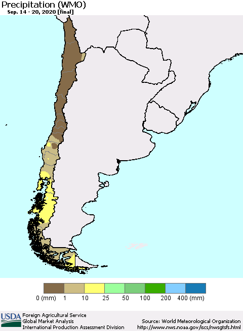 Chile Precipitation (WMO) Thematic Map For 9/14/2020 - 9/20/2020