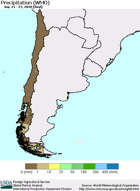 Chile Precipitation (WMO) Thematic Map For 9/21/2020 - 9/27/2020