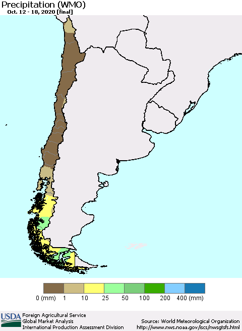Chile Precipitation (WMO) Thematic Map For 10/12/2020 - 10/18/2020