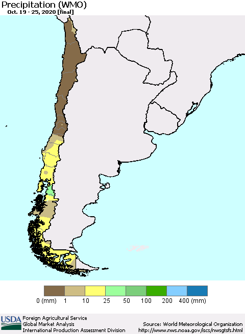 Chile Precipitation (WMO) Thematic Map For 10/19/2020 - 10/25/2020