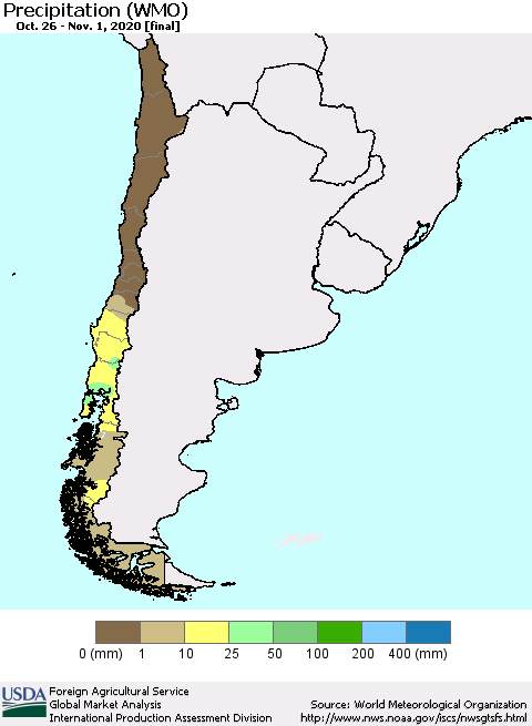Chile Precipitation (WMO) Thematic Map For 10/26/2020 - 11/1/2020