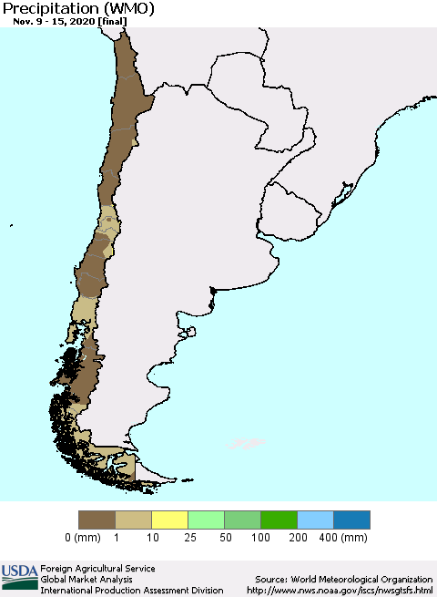 Chile Precipitation (WMO) Thematic Map For 11/9/2020 - 11/15/2020