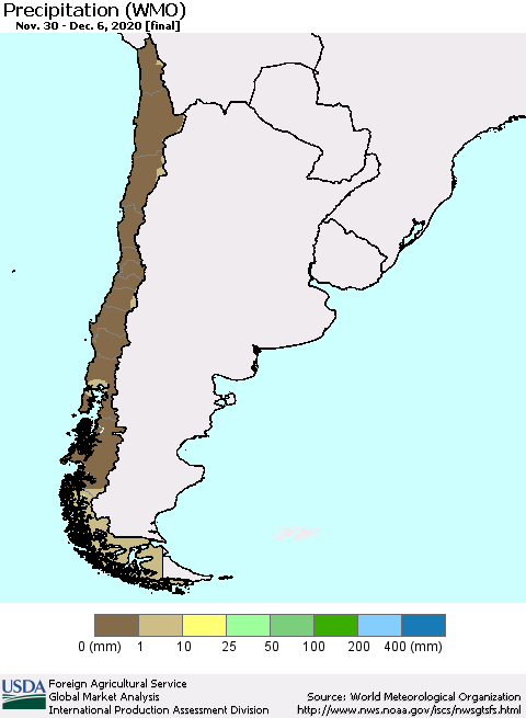 Chile Precipitation (WMO) Thematic Map For 11/30/2020 - 12/6/2020