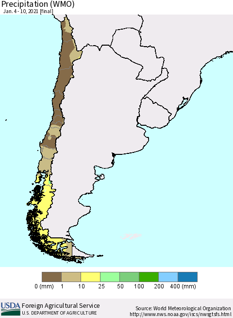 Chile Precipitation (WMO) Thematic Map For 1/4/2021 - 1/10/2021