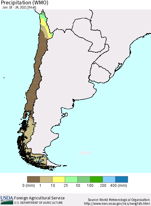 Chile Precipitation (WMO) Thematic Map For 1/18/2021 - 1/24/2021