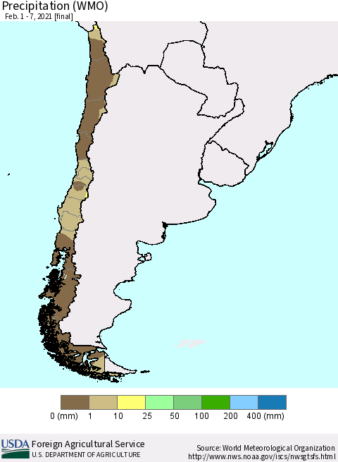 Chile Precipitation (WMO) Thematic Map For 2/1/2021 - 2/7/2021