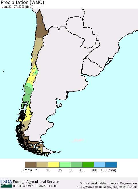 Chile Precipitation (WMO) Thematic Map For 6/21/2021 - 6/27/2021