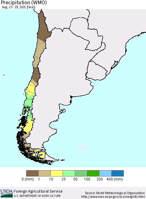 Chile Precipitation (WMO) Thematic Map For 8/23/2021 - 8/29/2021
