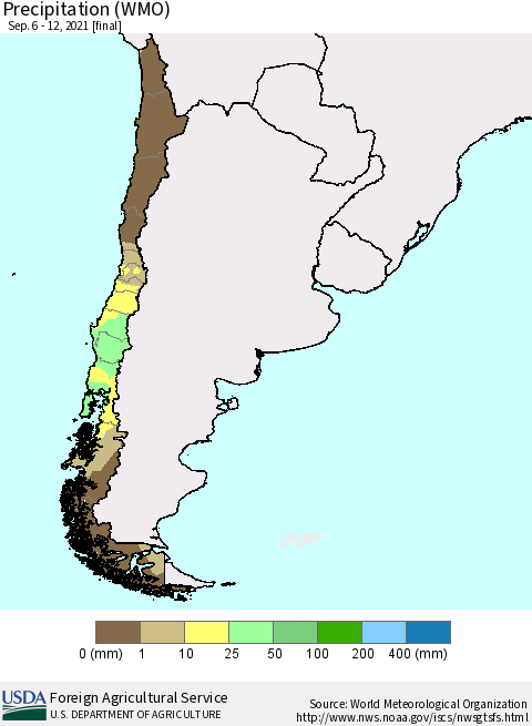 Chile Precipitation (WMO) Thematic Map For 9/6/2021 - 9/12/2021
