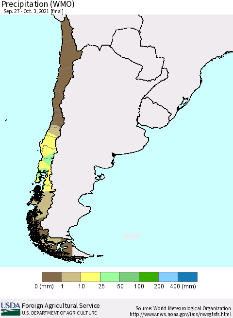 Chile Precipitation (WMO) Thematic Map For 9/27/2021 - 10/3/2021
