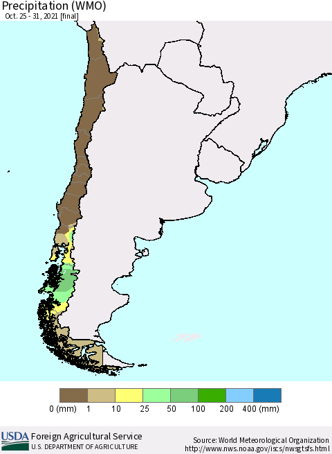 Chile Precipitation (WMO) Thematic Map For 10/25/2021 - 10/31/2021