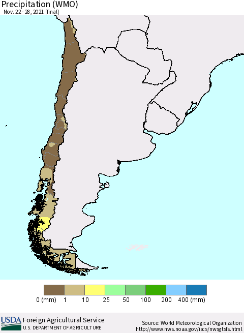Chile Precipitation (WMO) Thematic Map For 11/22/2021 - 11/28/2021