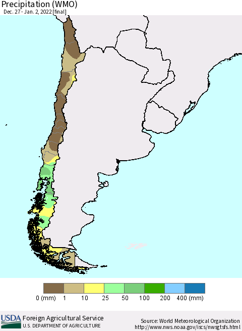 Chile Precipitation (WMO) Thematic Map For 12/27/2021 - 1/2/2022