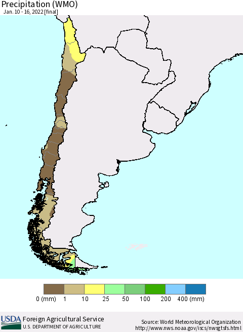 Chile Precipitation (WMO) Thematic Map For 1/10/2022 - 1/16/2022