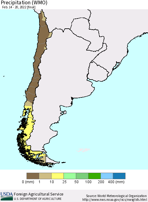 Chile Precipitation (WMO) Thematic Map For 2/14/2022 - 2/20/2022