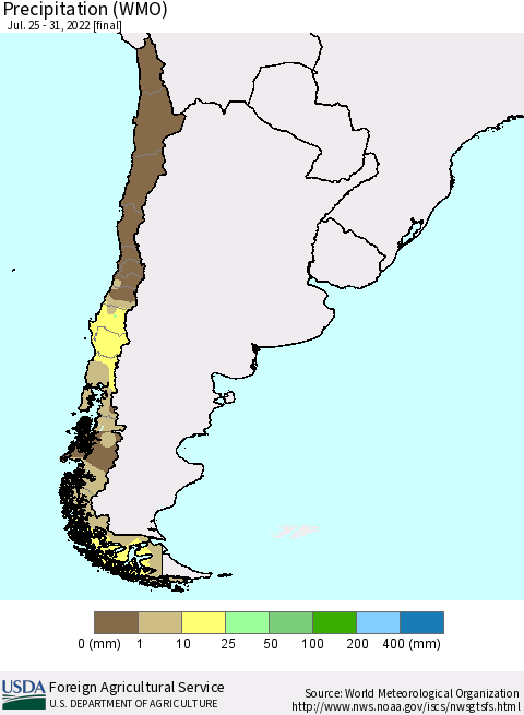 Chile Precipitation (WMO) Thematic Map For 7/25/2022 - 7/31/2022