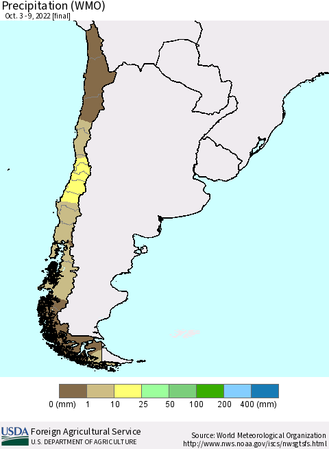 Chile Precipitation (WMO) Thematic Map For 10/3/2022 - 10/9/2022