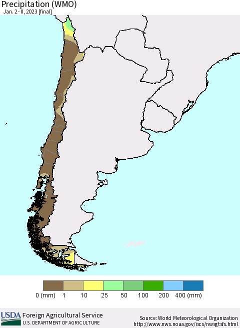 Chile Precipitation (WMO) Thematic Map For 1/2/2023 - 1/8/2023